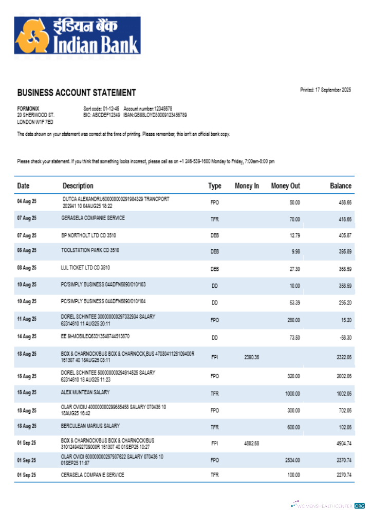 Download Bank of Indian organization checking account statement Word and PDF template Photoshop template